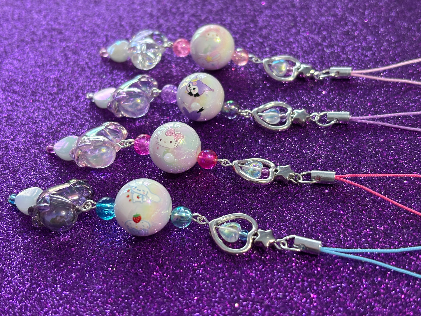 SANRIO CHARMS - Iridescent Silver Beaded Charms - Melody, Kuromi, Hello Kitty, Cinnamoroll