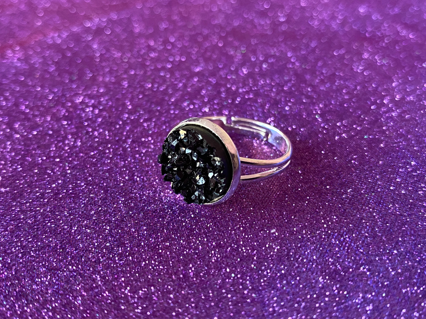 BLACK - Resin Crystal Silver Adjustable Ring