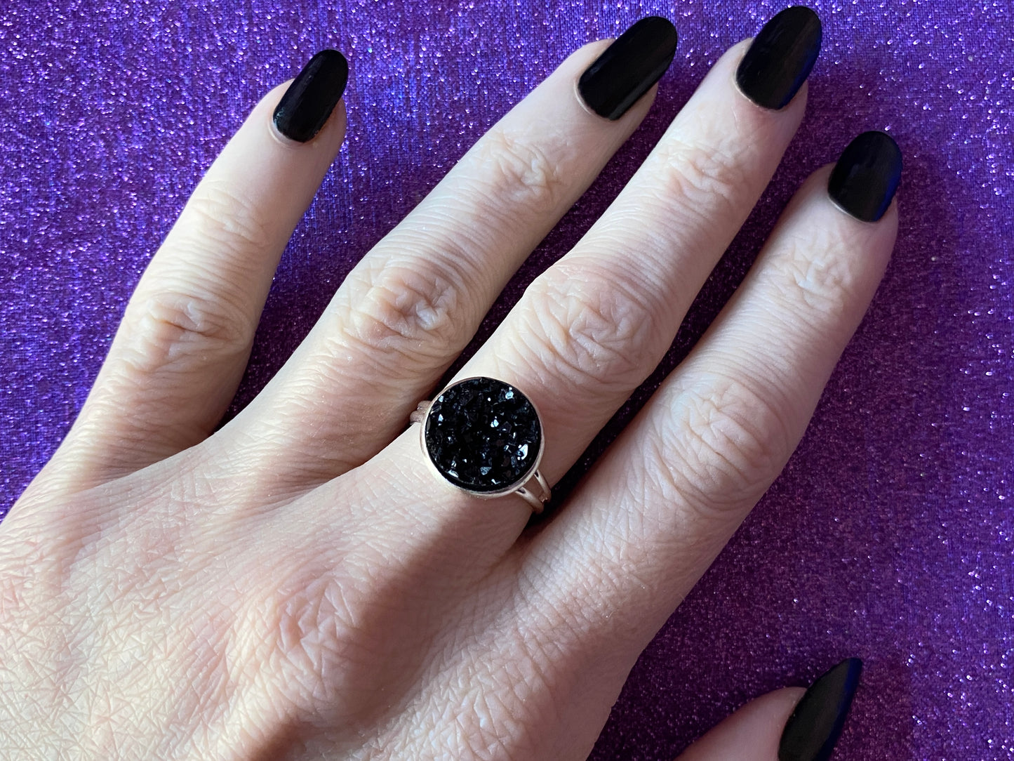 BLACK - Resin Crystal Silver Adjustable Ring