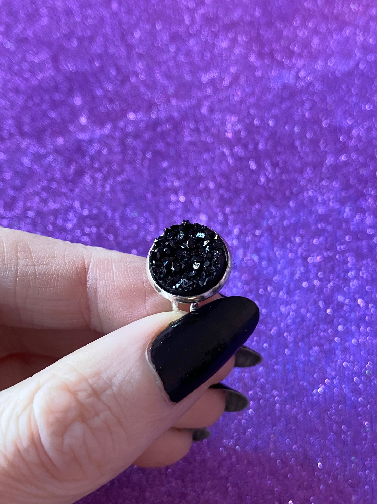 BLACK - Resin Crystal Silver Adjustable Ring