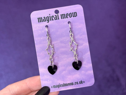 THORNS - Black Heart Dropper Earrings