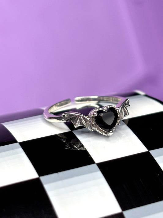 Black Zircon Heart Bat Wing Ring - Adjustable Size - 925 Sterling Silver