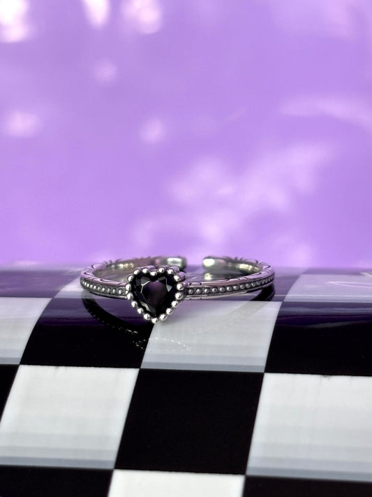 BLACK HEART - 925 Sterling Silver Adjustable Ring