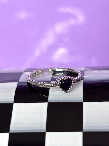 BLACK HEART - 925 Sterling Silver Adjustable Ring
