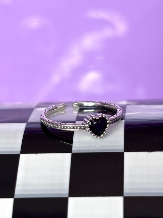 BLACK HEART - 925 Sterling Silver Adjustable Ring