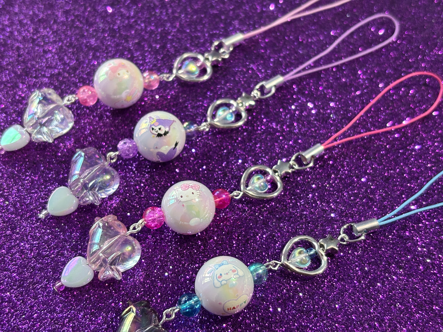 SANRIO CHARMS - Iridescent Silver Beaded Charms - Melody, Kuromi, Hello Kitty, Cinnamoroll