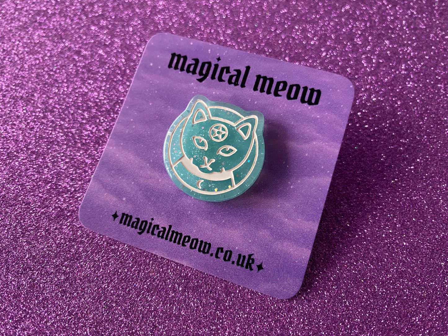 BLUE - Sparkly Resin Pentagram Cat Pin