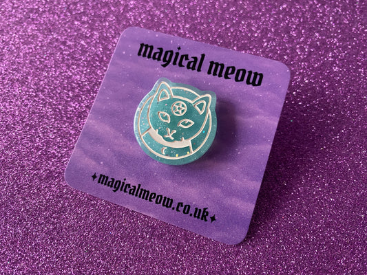 BLUE - Sparkly Resin Pentagram Cat Pin