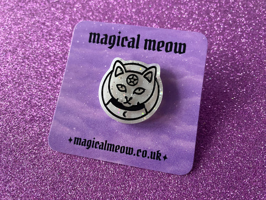 WHITE - Sparkly Resin Pentagram Cat Pin