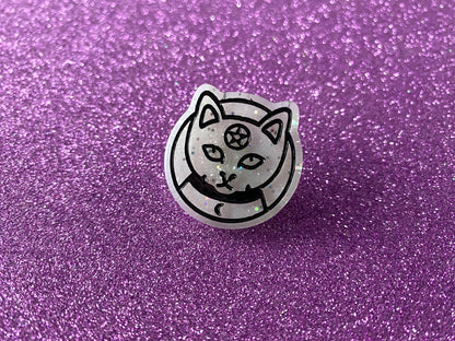 WHITE - Sparkly Resin Pentagram Cat Pin