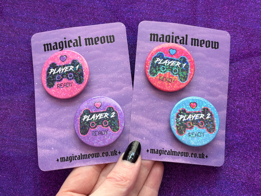 PLAYER 1 + PLAYER 2 - Holographic Pin Badge Set