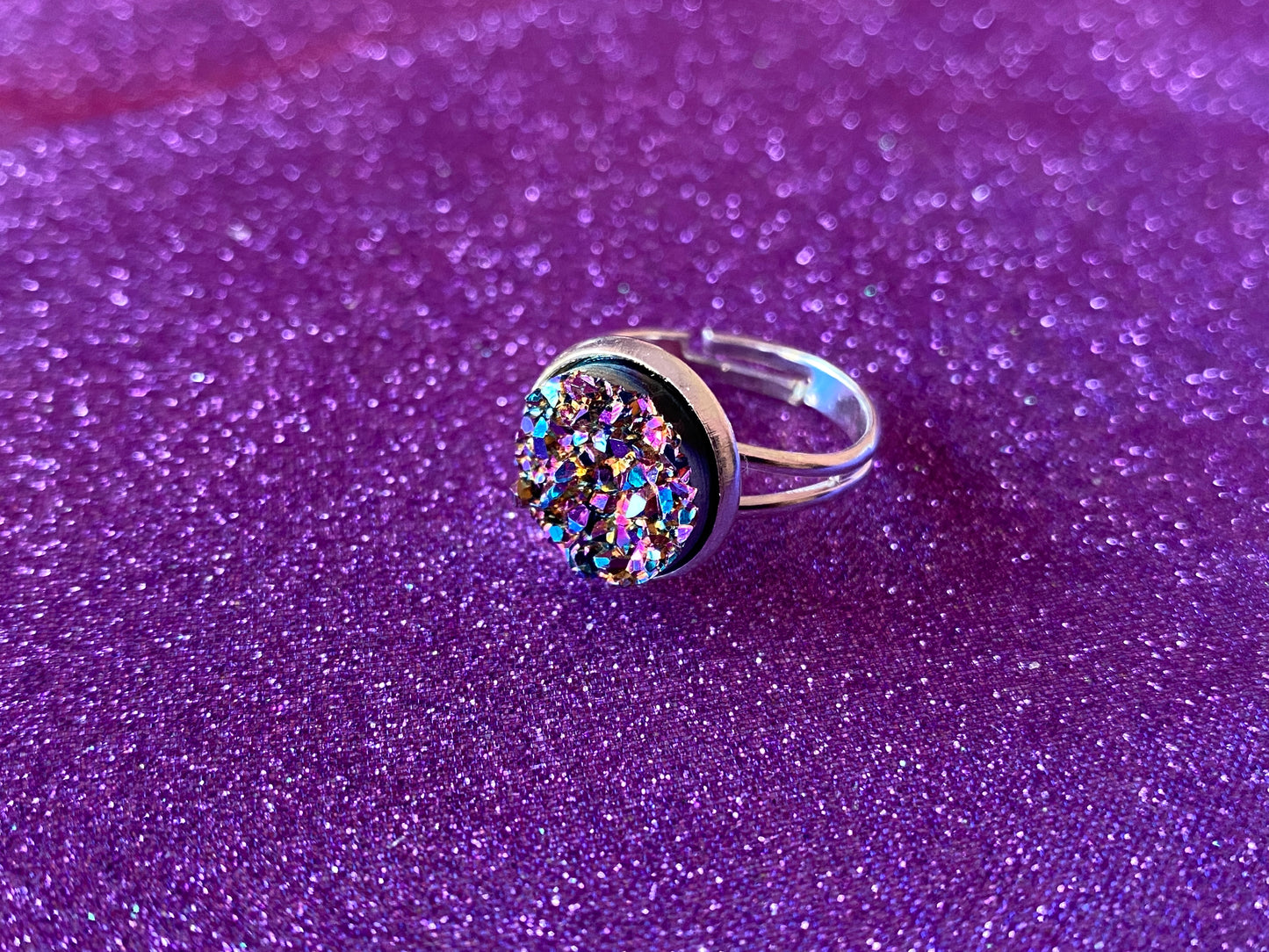 OIL SPILL - Resin Crystal Silver Adjustable Ring