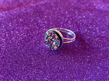 OIL SPILL - Resin Crystal Silver Adjustable Ring