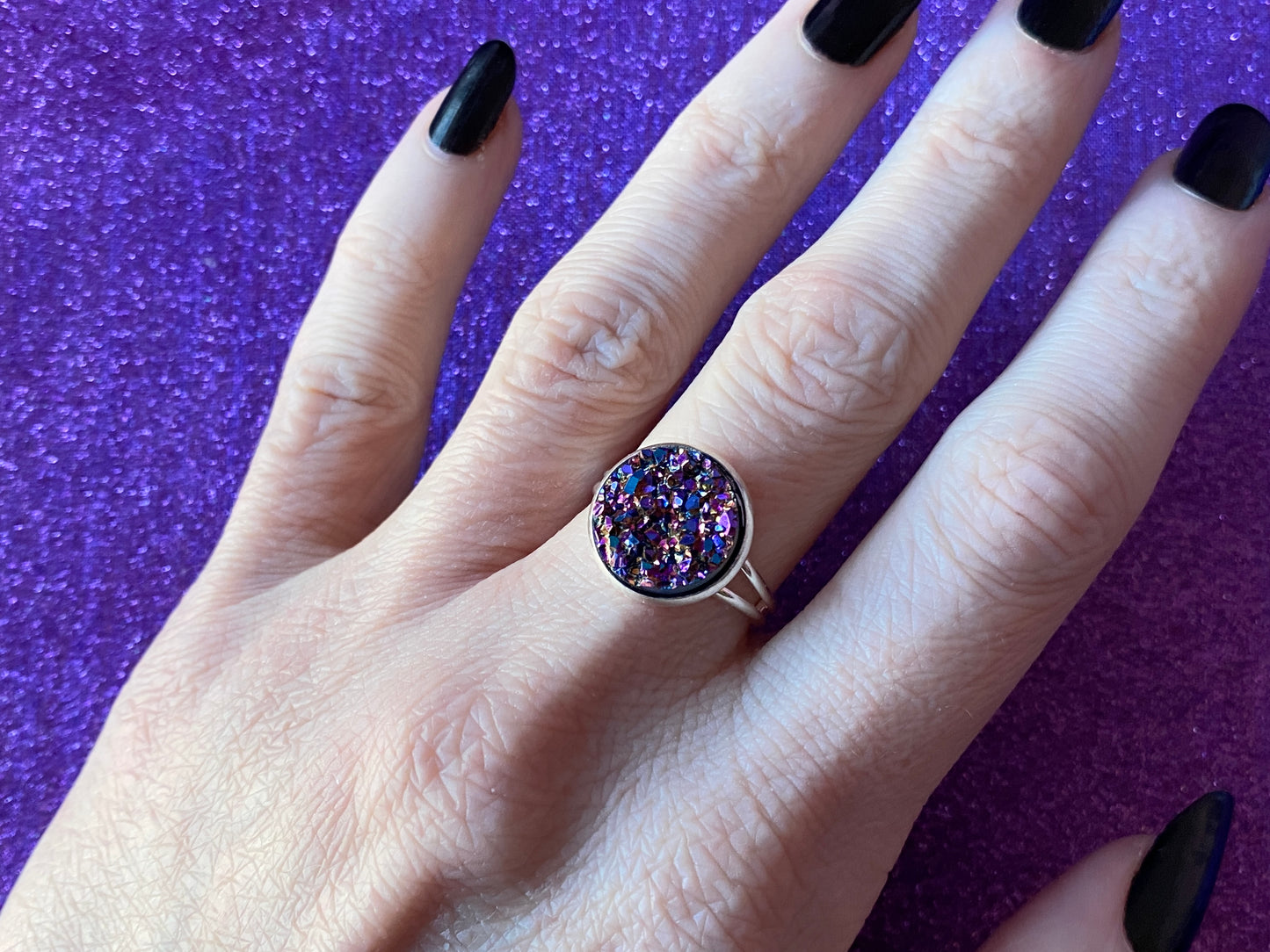 OIL SPILL - Resin Crystal Silver Adjustable Ring