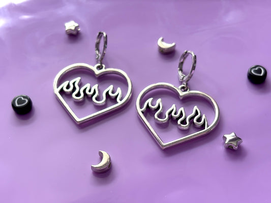 DESIRE - Silver Flame Heart Earrings