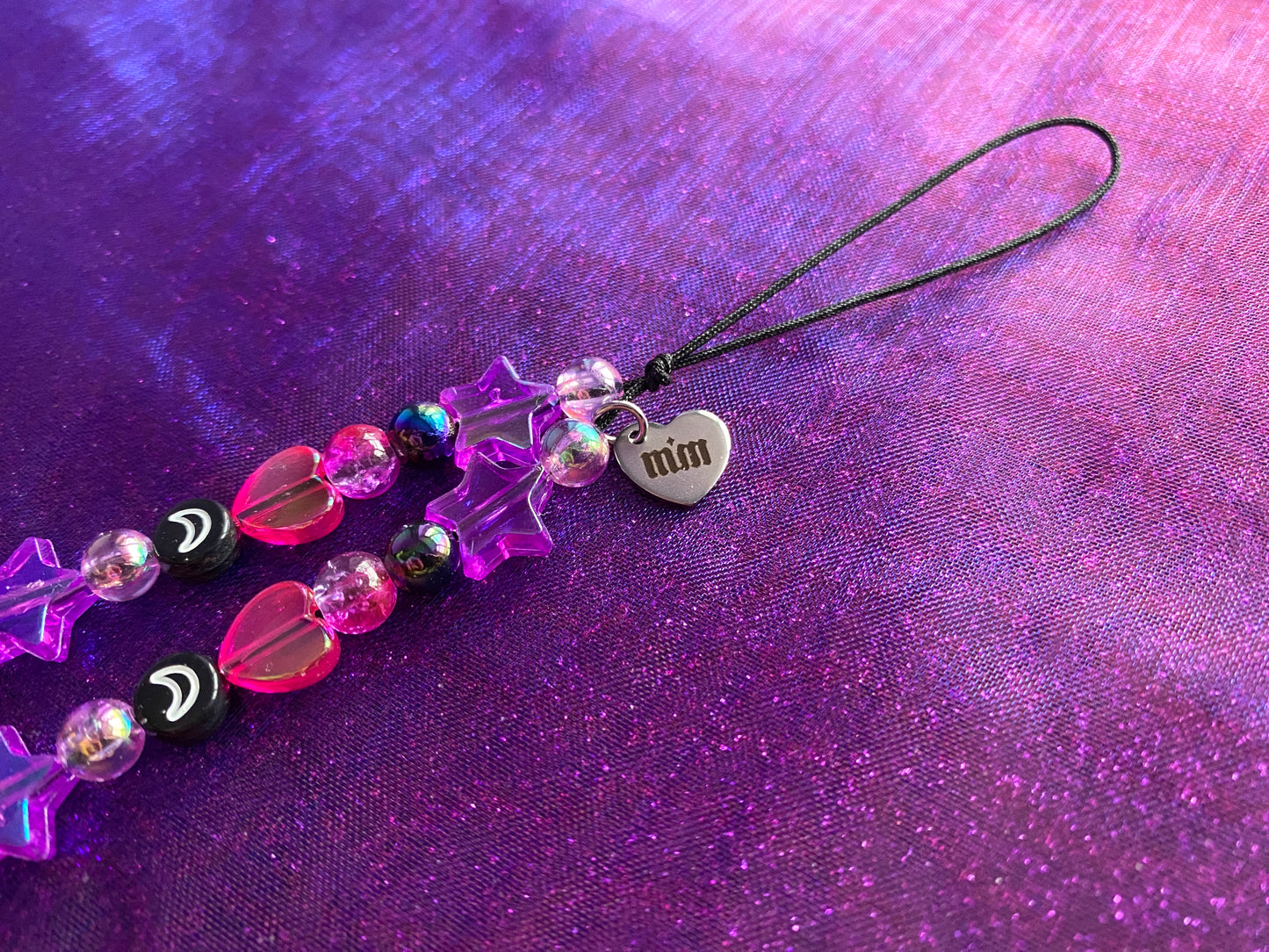 PINK PURPLE BLACK - Beaded Phone Strap Charm
