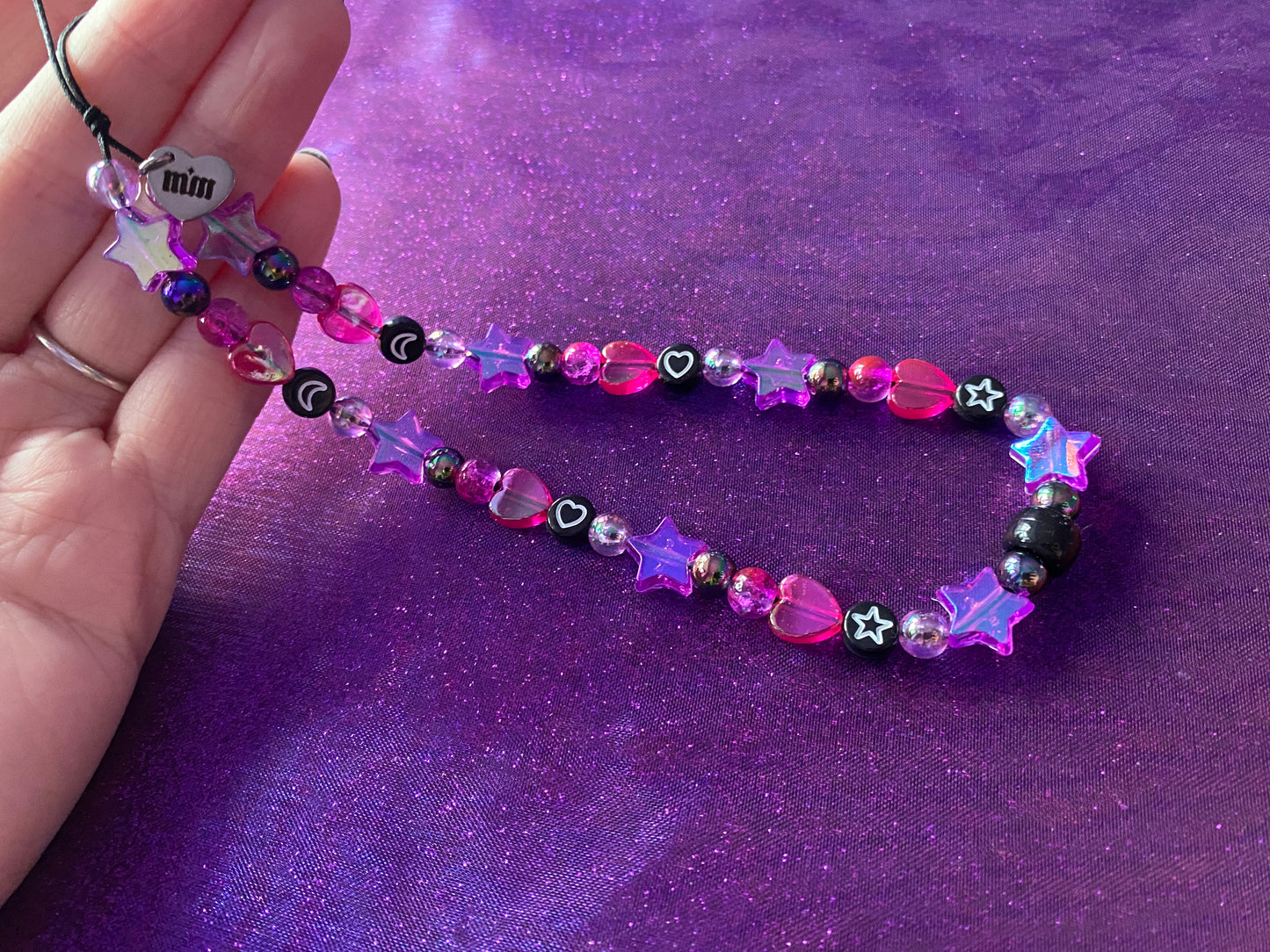 PINK PURPLE BLACK - Beaded Phone Strap Charm