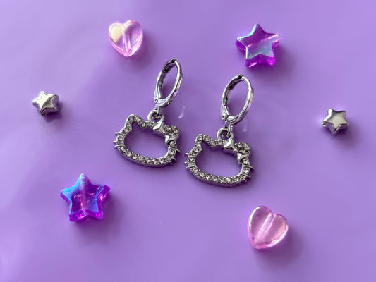 HELLO KITTY - Silver Rhinestone Earrings