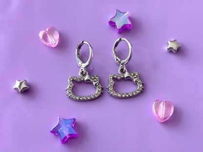 HELLO KITTY - Silver Rhinestone Earrings