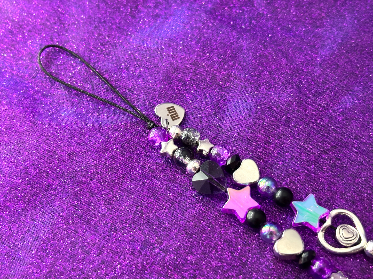 SILVER BLACK PURPLE - Hearts Stars Beaded Phone Strap Charm