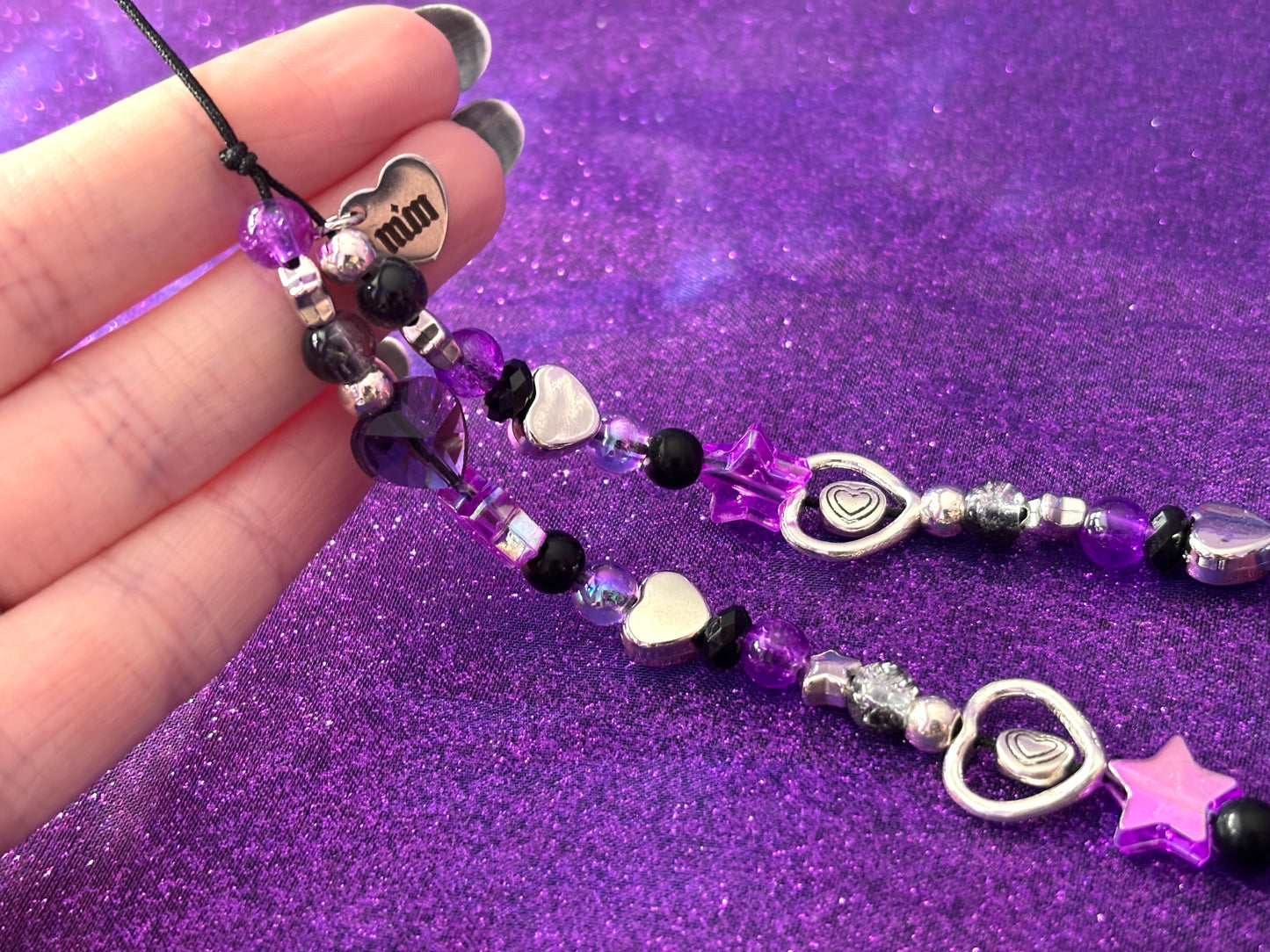 SILVER BLACK PURPLE - Hearts Stars Beaded Phone Strap Charm