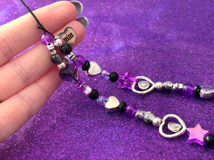 SILVER BLACK PURPLE - Hearts Stars Beaded Phone Strap Charm