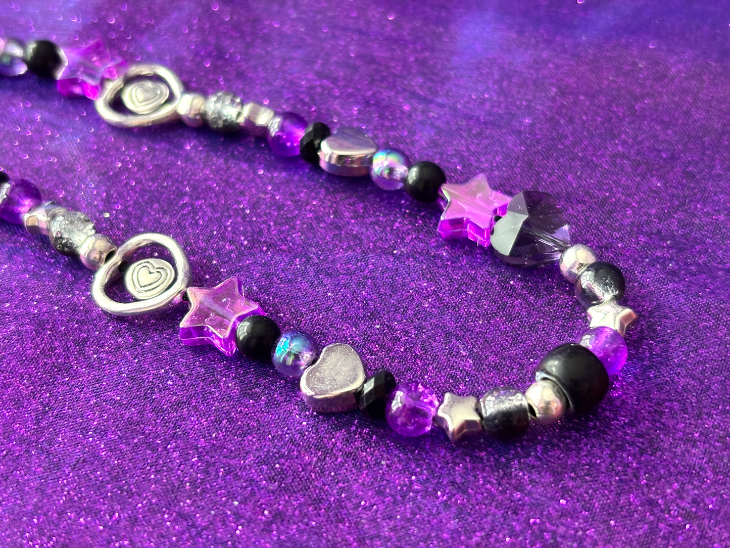 SILVER BLACK PURPLE - Hearts Stars Beaded Phone Strap Charm