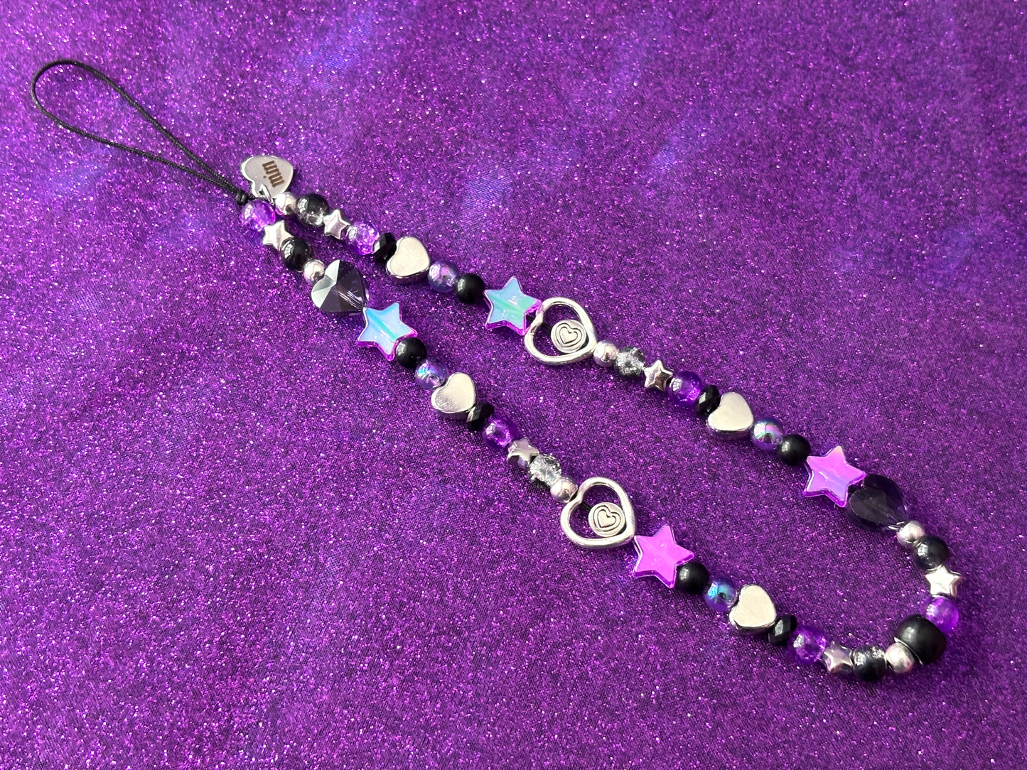 SILVER BLACK PURPLE - Hearts Stars Beaded Phone Strap Charm