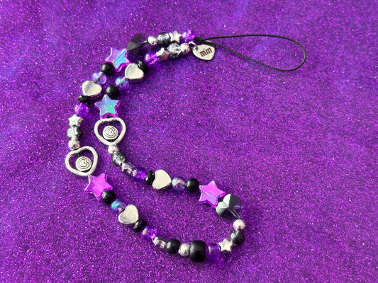 SILVER BLACK PURPLE - Hearts Stars Beaded Phone Strap Charm