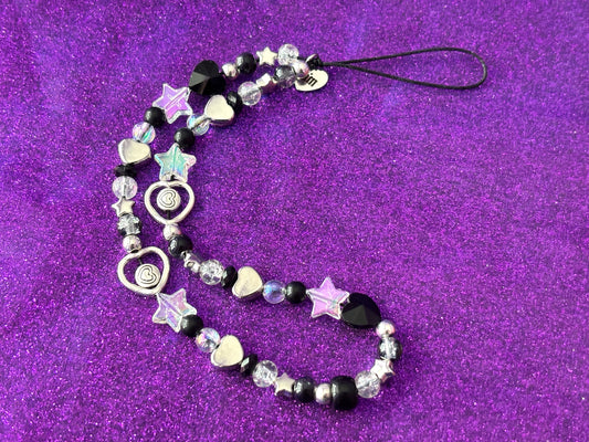 SILVER BLACK CRYSTAL - Hearts Stars Beaded Phone Strap Charm