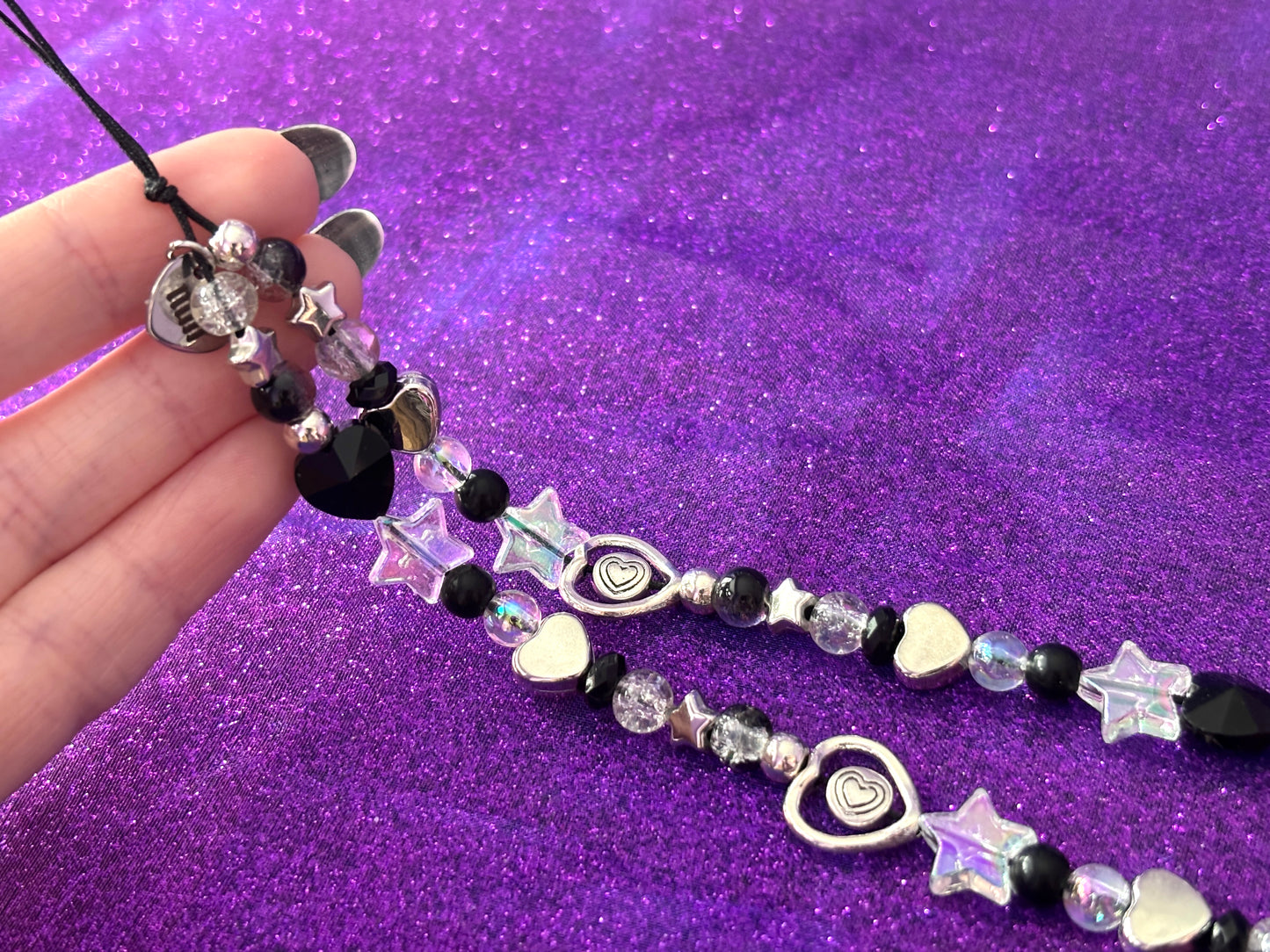 SILVER BLACK CRYSTAL - Hearts Stars Beaded Phone Strap Charm