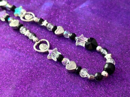 SILVER BLACK CRYSTAL - Hearts Stars Beaded Phone Strap Charm