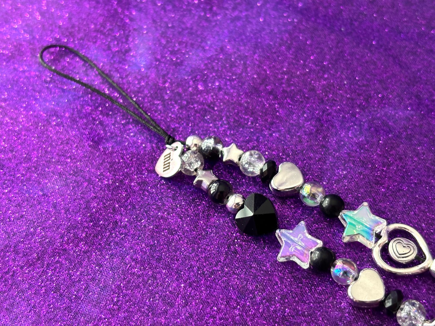 SILVER BLACK CRYSTAL - Hearts Stars Beaded Phone Strap Charm