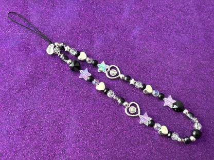 SILVER BLACK CRYSTAL - Hearts Stars Beaded Phone Strap Charm