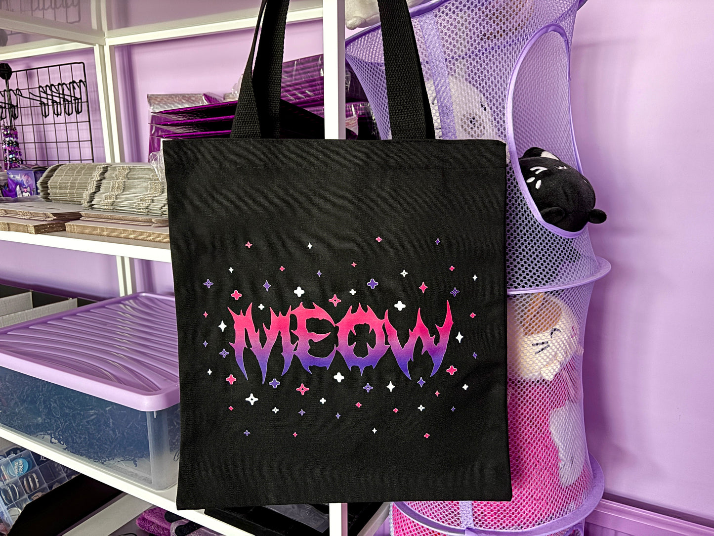 MISPRINTED B-GRADE - MEOW - Black Cotton Tote Bag