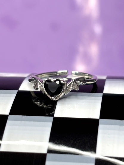 Black Zircon Heart Bat Wing Ring - Adjustable Size - 925 Sterling Silver