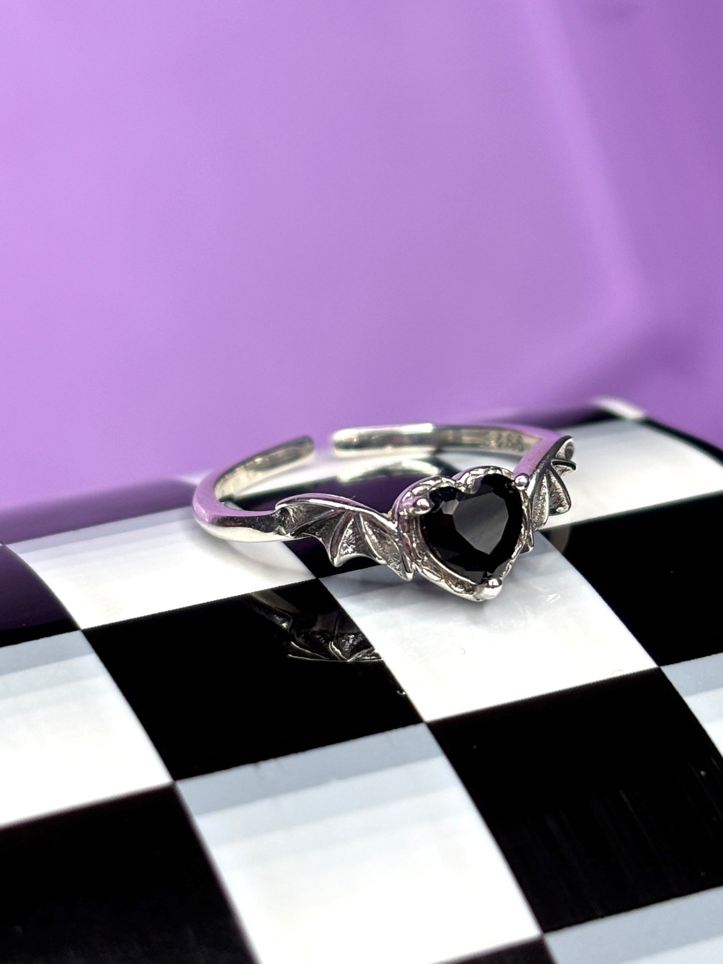 Black Zircon Heart Bat Wing Ring - Adjustable Size - 925 Sterling Silver