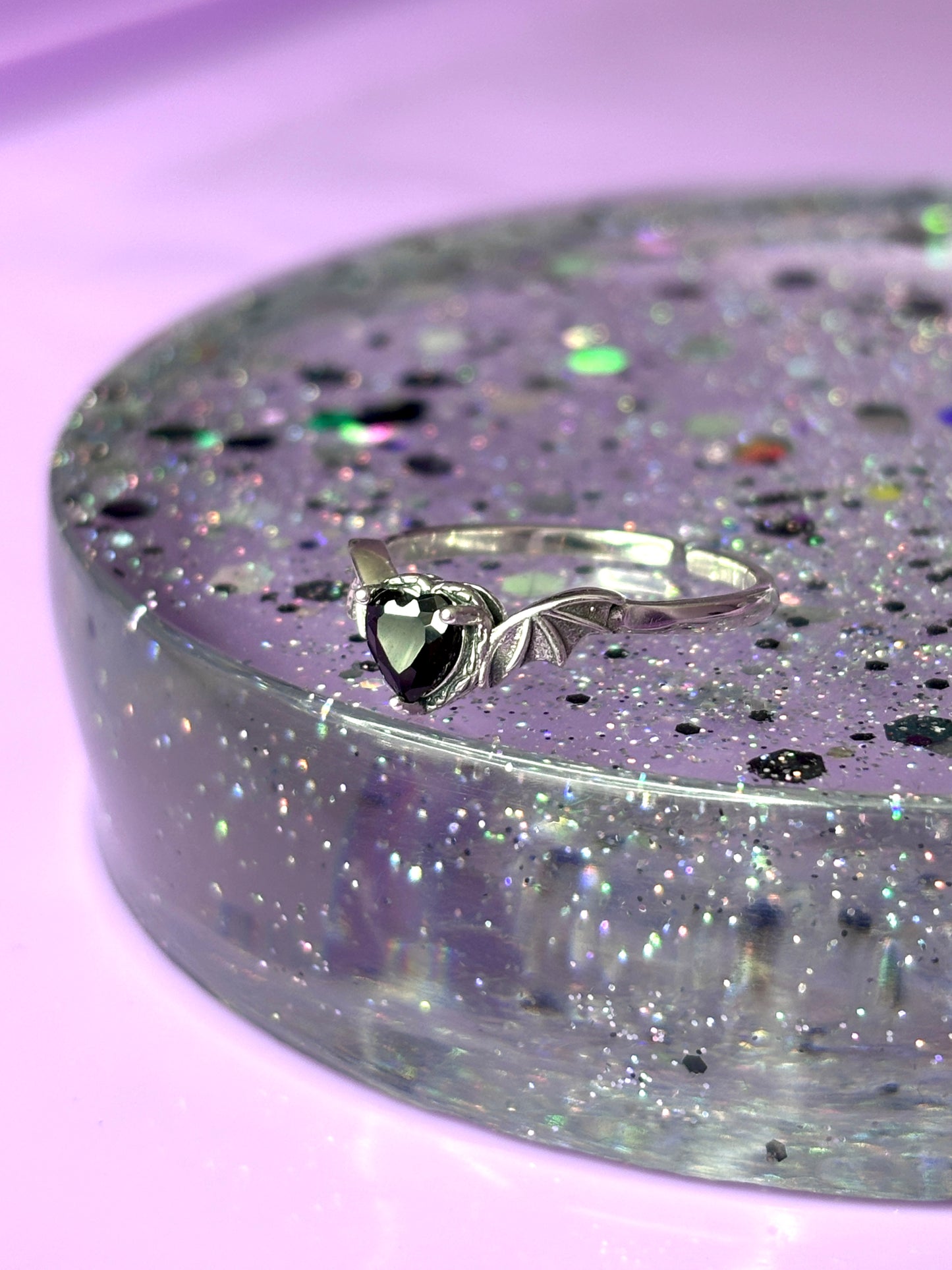 Black Zircon Heart Bat Wing Ring - Adjustable Size - 925 Sterling Silver