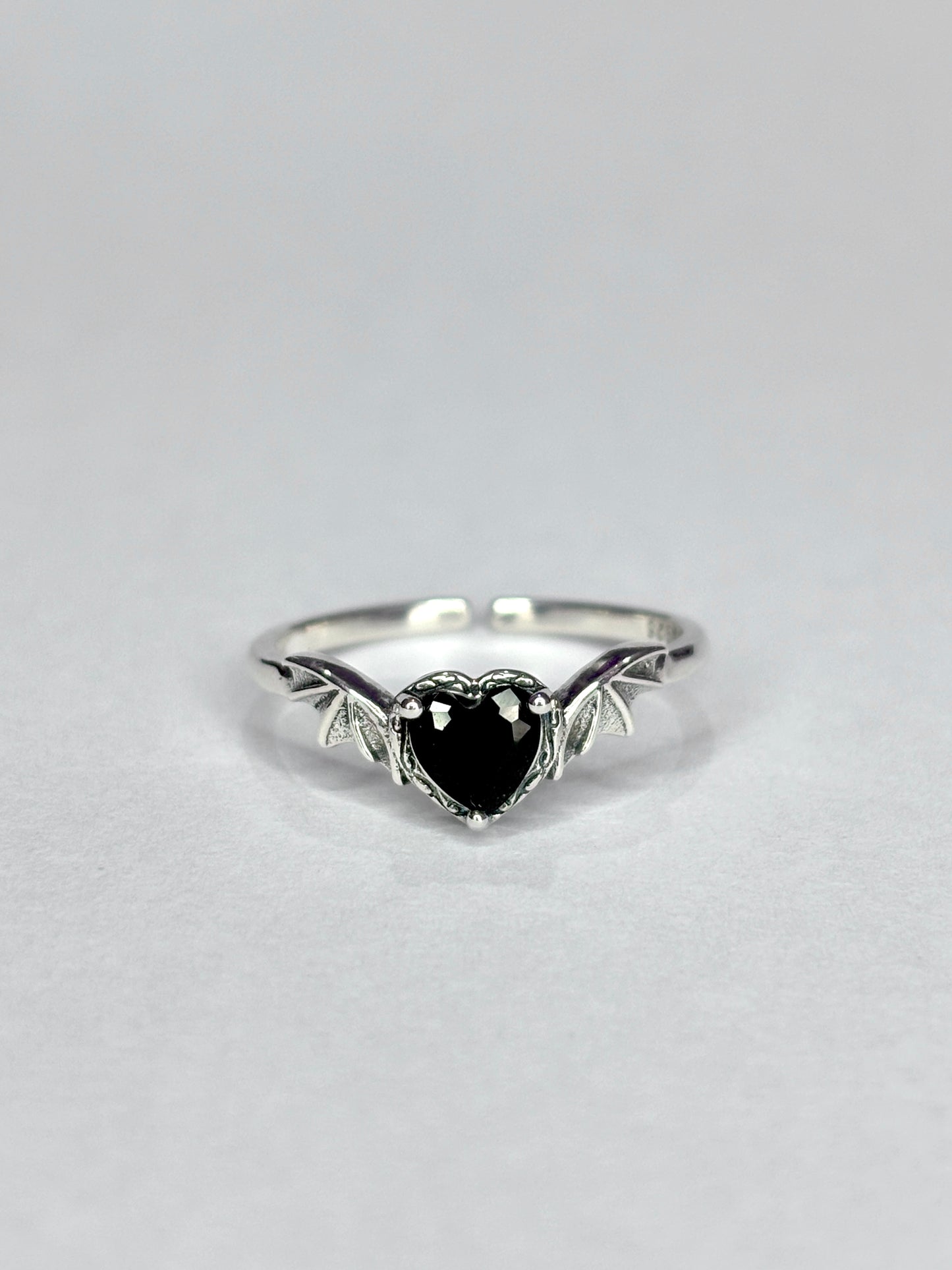 Black Zircon Heart Bat Wing Ring - Adjustable Size - 925 Sterling Silver