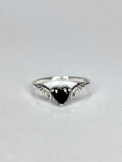 Black Zircon Heart Bat Wing Ring - Adjustable Size - 925 Sterling Silver
